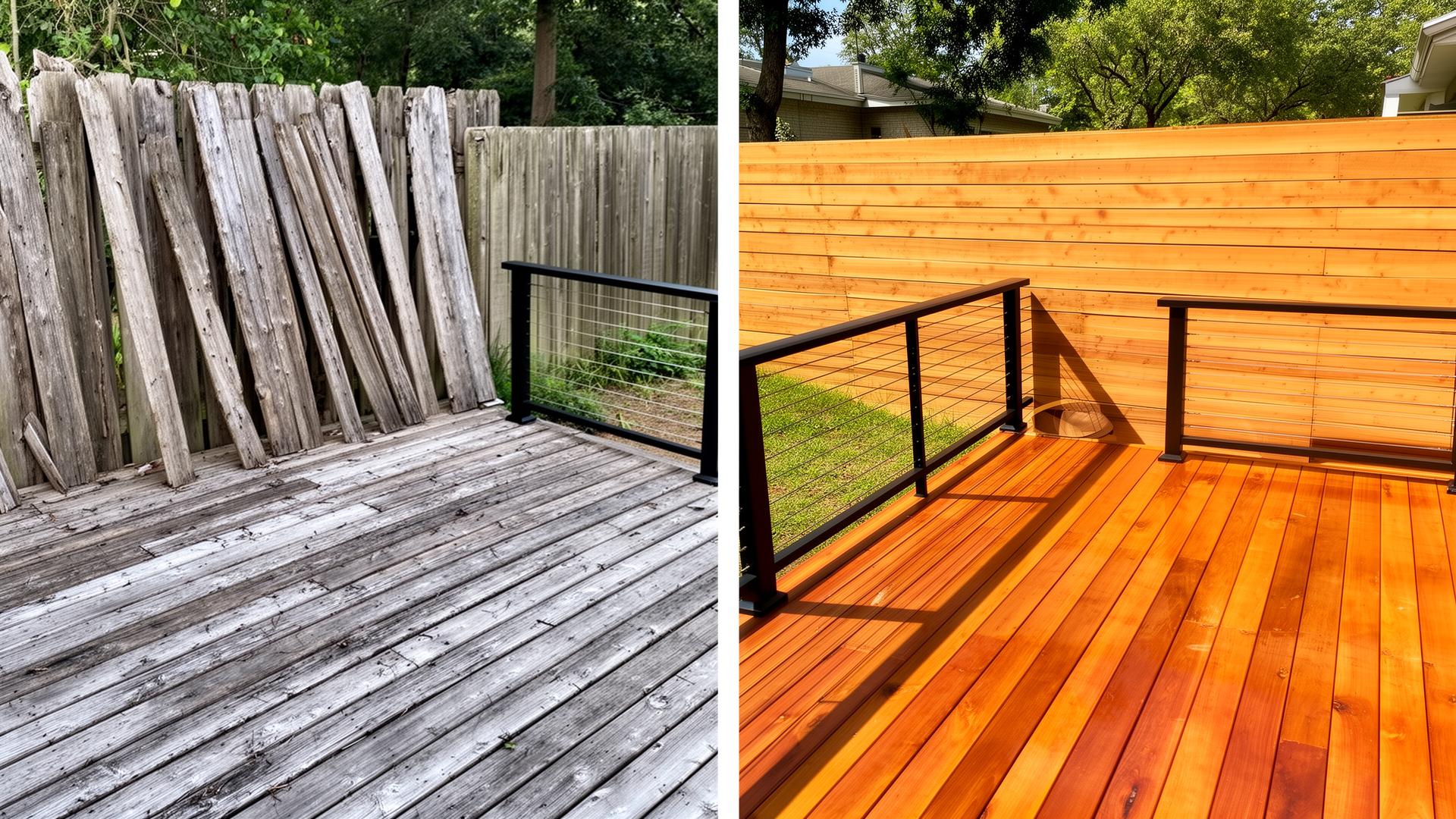 Before and after: weathered gray deck and leaning fence restored to honey cedar with modern cable rails