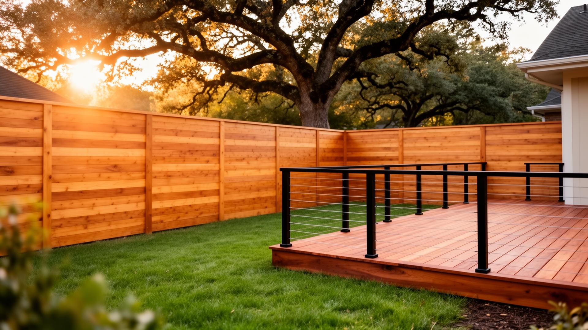 Cedar privacy fence and modern deck with cable railings in a Memphis backyard